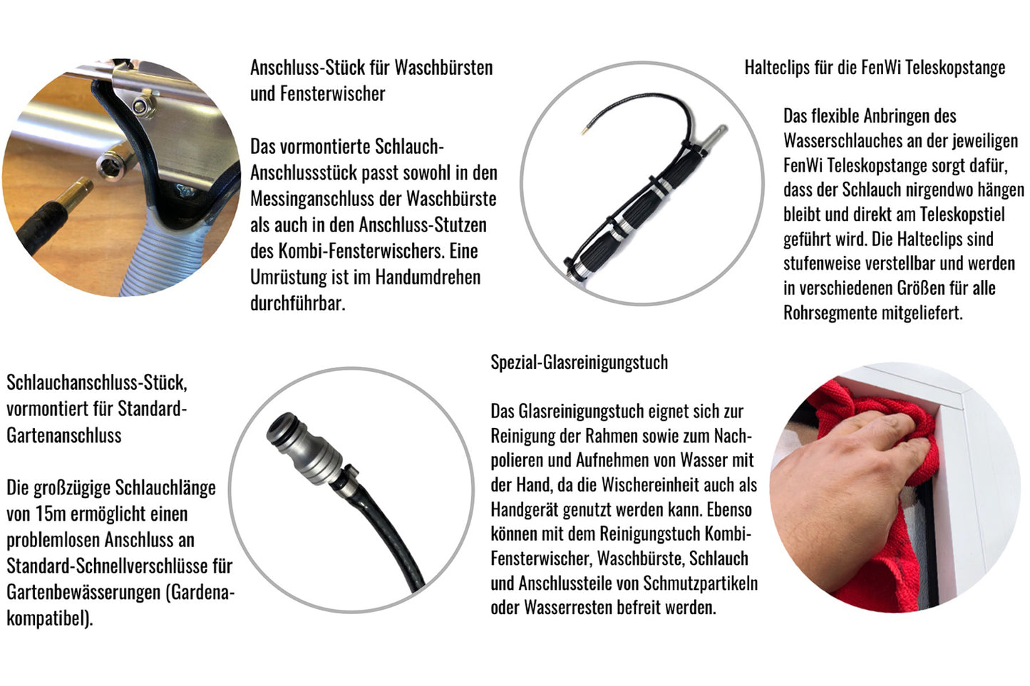 Das FenWi Wasserteleskop Komplett-Set mit 10 Meter Teleskopstange, Waschbürste, wassergeführtem Fensterwischer und Wasserschlauch eignet sich perfekt zur Reinigung von hohen Gebäuden und PV-Anlagen.
