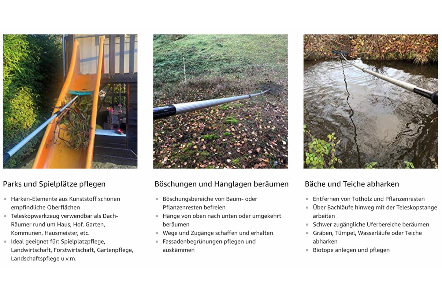 Das Komplett-Set zum Abharken von hohen Dächern und großen Flächen oder Teichen mit 8m Aluminium Teleskopstange, Rechen, Flachharke und Metallgelenk