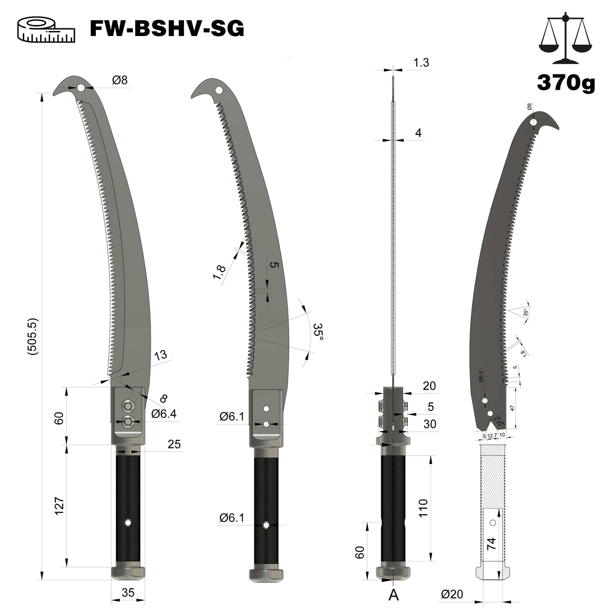 Abmessungen und Gewicht FW-BSHV-SG die FenWi Baumsäge mit einem Gewicht von 370g und 52,5cm Gesamtlänge