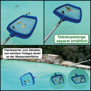 Flachkescher zum Abheben von Laub und Schmutzpartikeln an der Wasseroberfläche