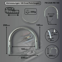 Laden Sie das Bild in den Galerie-Viewer, Detaillierte Abmessungen und Gewicht des 180 Grad Rohrbogens - Höhe 200mm - Gewicht 200g