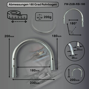 Detaillierte Abmessungen und Gewicht des 180 Grad Rohrbogens - Höhe 200mm - Gewicht 200g