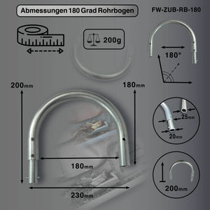 Detaillierte Abmessungen und Gewicht des 180 Grad Rohrbogens - Höhe 200mm - Gewicht 200g