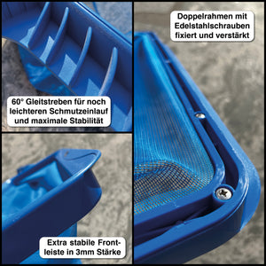 Doppelrahmen mit Edelstahlschrauben fixiert und Gleitstreben für optimierten Schmutzeinlauf