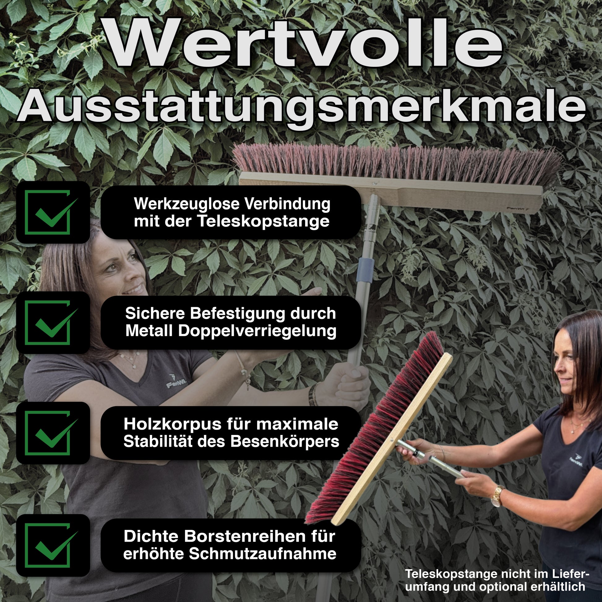 Wertvolle Ausstattungsmerkmale und werkzeuglose Verbindung mit der Teleskopstange