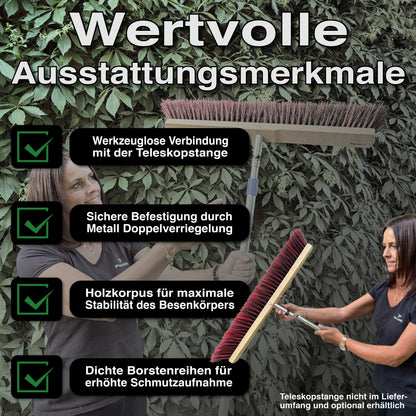 Wertvolle Ausstattungsmerkmale und werkzeuglose Verbindung mit der Teleskopstange