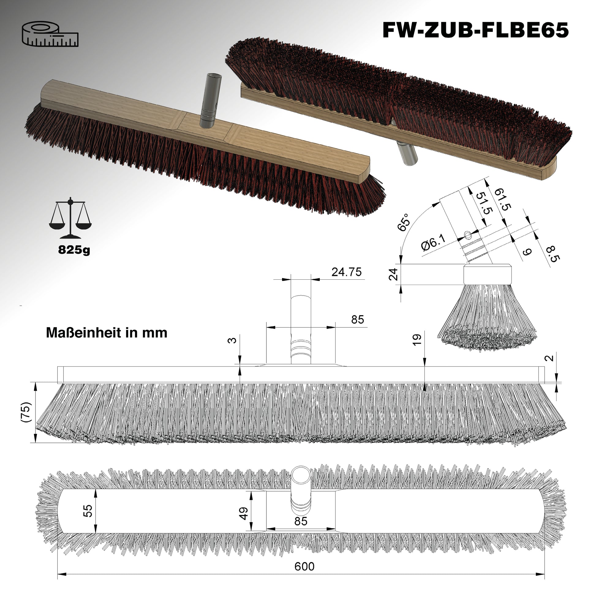 Abmessungen und Gewicht FenWi Flächenbesen / Breite 65cm / Gewicht 825g